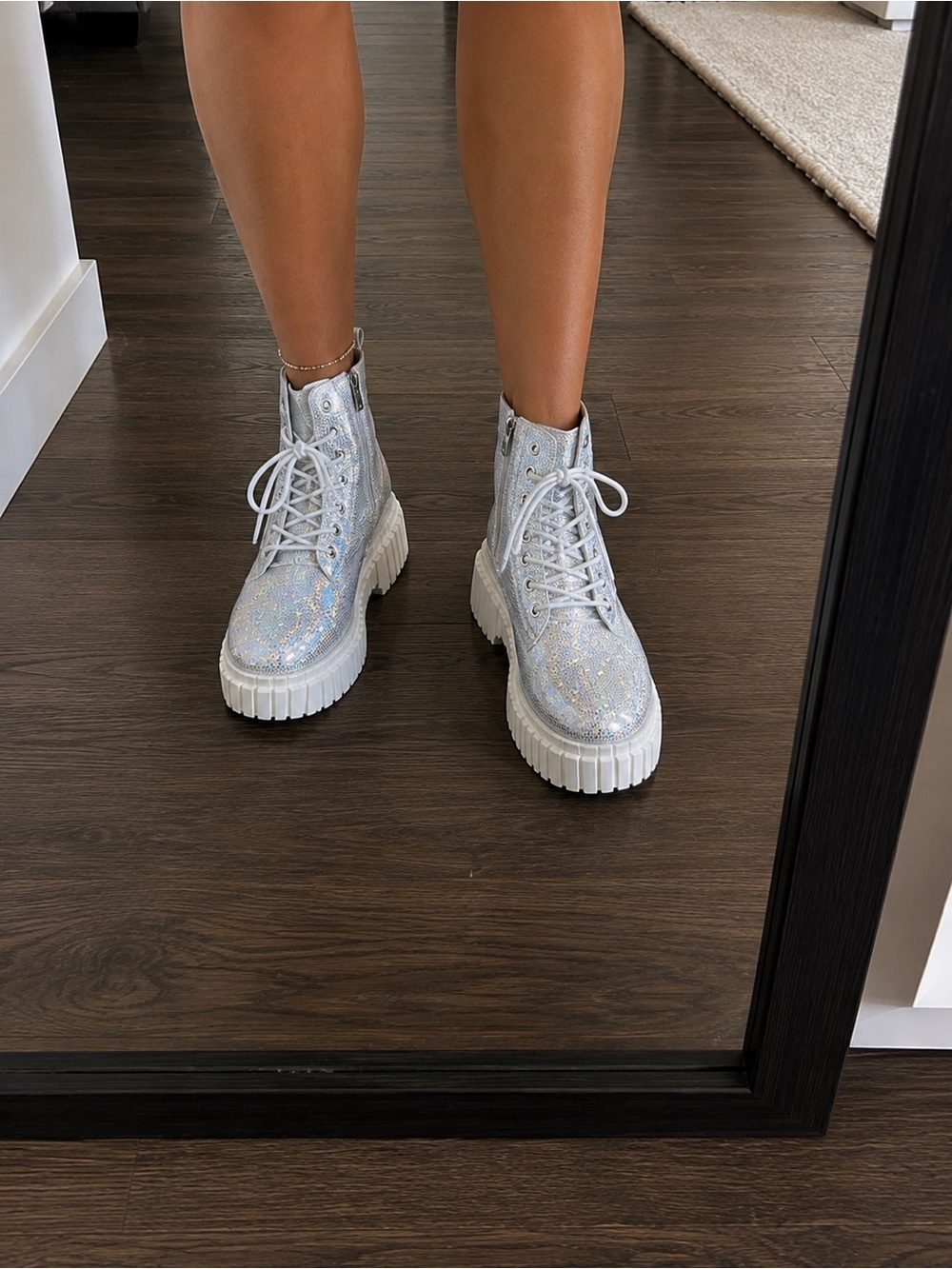 NEVER WOEN! Women's Iridescent Silver Lace-Up Platform Boots